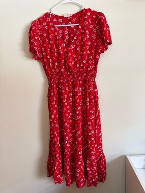 Red Floral Midi Dress with Smocked Waist